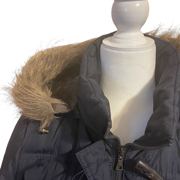 Women’s TOMMY HILFIGER Navy Blue Down Puffer Coat Jacket Fur Hood - Picture 3 of 7